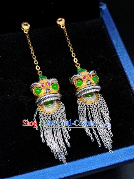 China National Golden Lion Earrings Jewelry Traditional Cheongsam Jade Ear Accessories