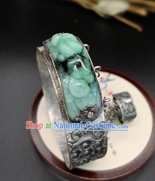 Handmade Chinese Silver Carving Bangle Accessories National Jadeite Bracelet