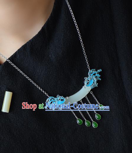 Handmade Chinese Phoenix Necklace Accessories National White Jade Necklet Pendant