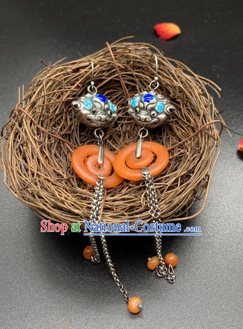 China National Blueing Silver Lion Earrings Jewelry Traditional Cheongsam Agate Ear Accessories