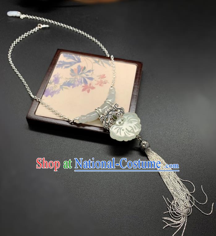 Handmade Chinese Jade Butterfly Necklace Accessories National Silver Tassel Necklet Pendant