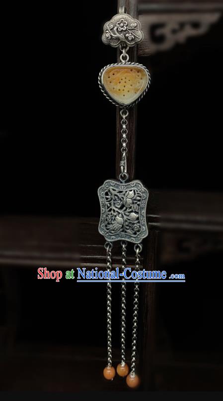 Handmade Chinese Jade Tassel Accessories National Silver Carving Brooch Pendant