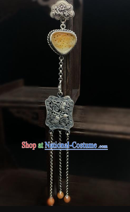 Handmade Chinese Jade Tassel Accessories National Silver Carving Brooch Pendant