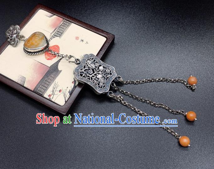 Handmade Chinese Jade Tassel Accessories National Silver Carving Brooch Pendant