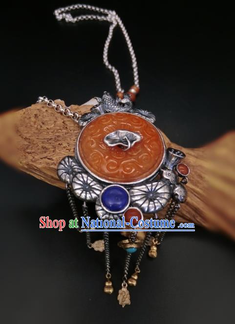 Handmade Chinese Silver Fish Necklace Accessories National Agate Carving Necklet Pendant