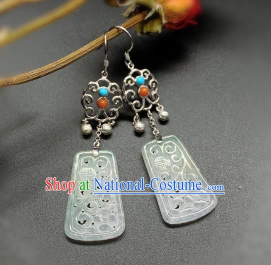 China Traditional Wedding Silver Ear Accessories National Cheongsam Jade Carving Earrings Jewelry