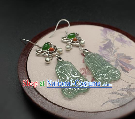 China Traditional Silver Ear Accessories National Cheongsam Jadeite Palm Fan Earrings Jewelry