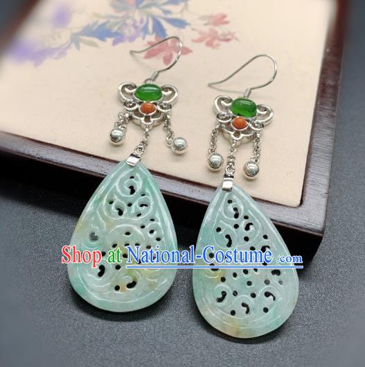 China Traditional Jadeite Carving Ear Accessories National Cheongsam Silver Earrings Jewelry