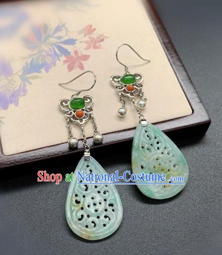 China Traditional Jadeite Carving Ear Accessories National Cheongsam Silver Earrings Jewelry