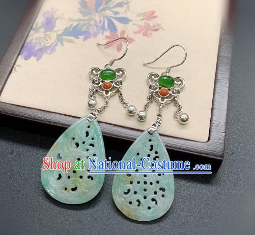 China Traditional Jadeite Carving Ear Accessories National Cheongsam Silver Earrings Jewelry