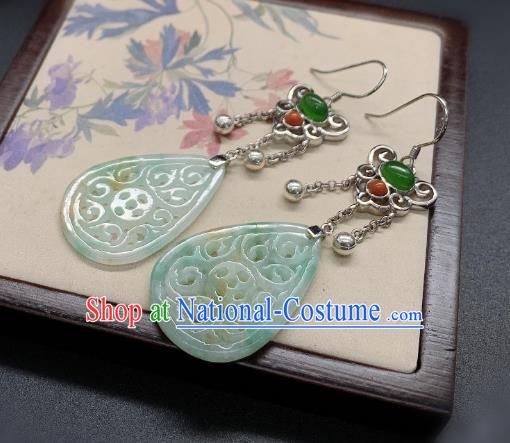 China Traditional Jadeite Carving Ear Accessories National Cheongsam Silver Earrings Jewelry