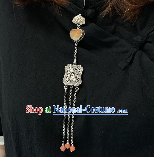 Handmade Chinese Jade Tassel Accessories National Silver Carving Brooch Pendant