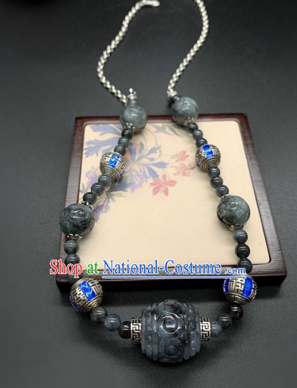 Handmade Chinese Blueing Silver Necklace Accessories National Black Jade Necklet Pendant