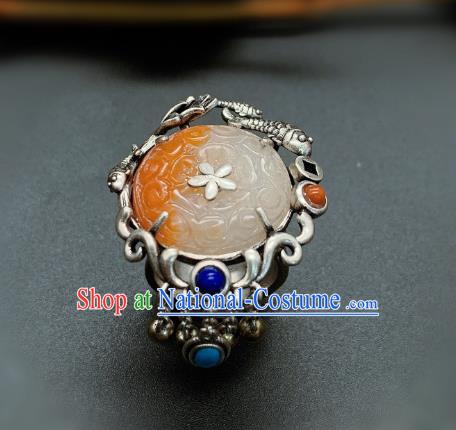 Chinese Handmade Silver Fish Ring National Agate Carving Circlet Jewelry