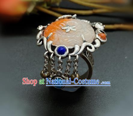 Chinese Handmade Silver Fish Ring National Agate Carving Circlet Jewelry