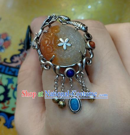 Chinese Handmade Silver Fish Ring National Agate Carving Circlet Jewelry