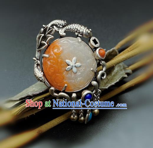 Chinese Handmade Silver Fish Ring National Agate Carving Circlet Jewelry