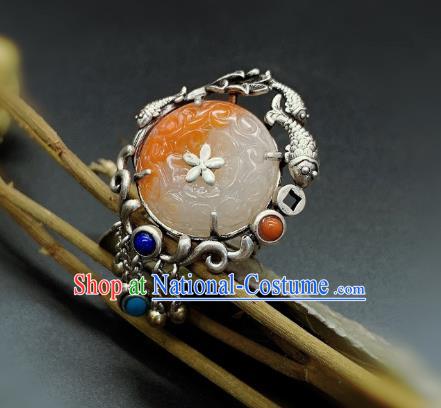 Chinese Handmade Silver Fish Ring National Agate Carving Circlet Jewelry