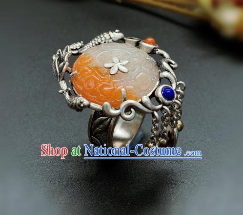 Chinese Handmade Silver Fish Ring National Agate Carving Circlet Jewelry