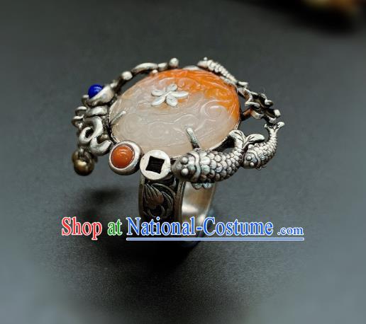 Chinese Handmade Silver Fish Ring National Agate Carving Circlet Jewelry