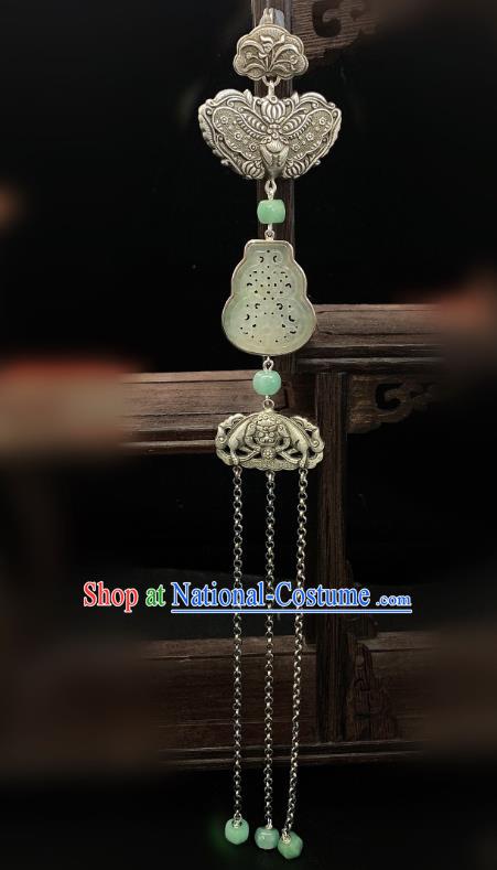 Handmade Chinese Silver Butterfly Brooch Accessories National Jade Gourd Tassel Pendant