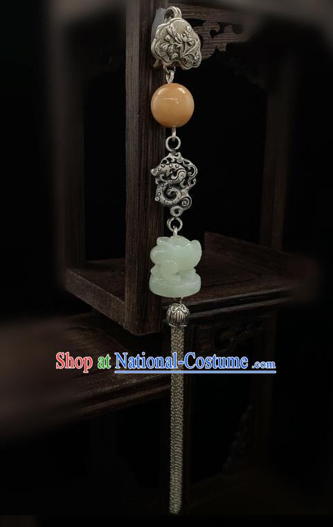 Handmade Chinese Silver Dragon Brooch Accessories National Jade Tassel Pendant