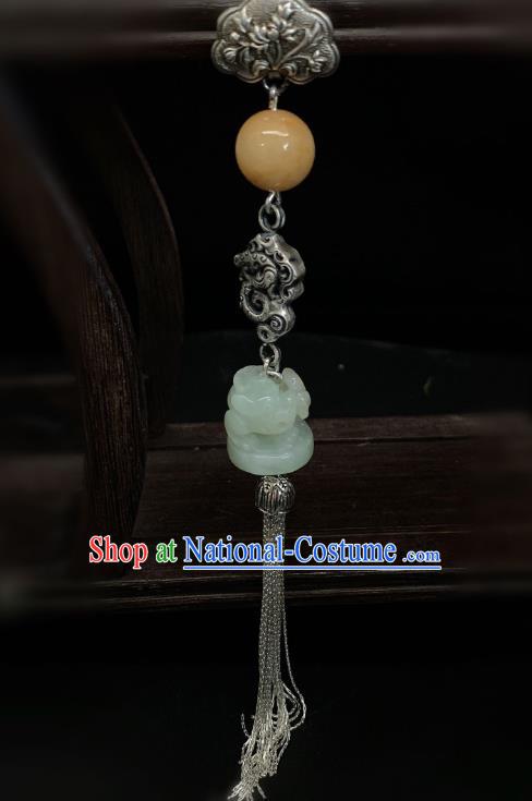 Handmade Chinese Silver Dragon Brooch Accessories National Jade Tassel Pendant