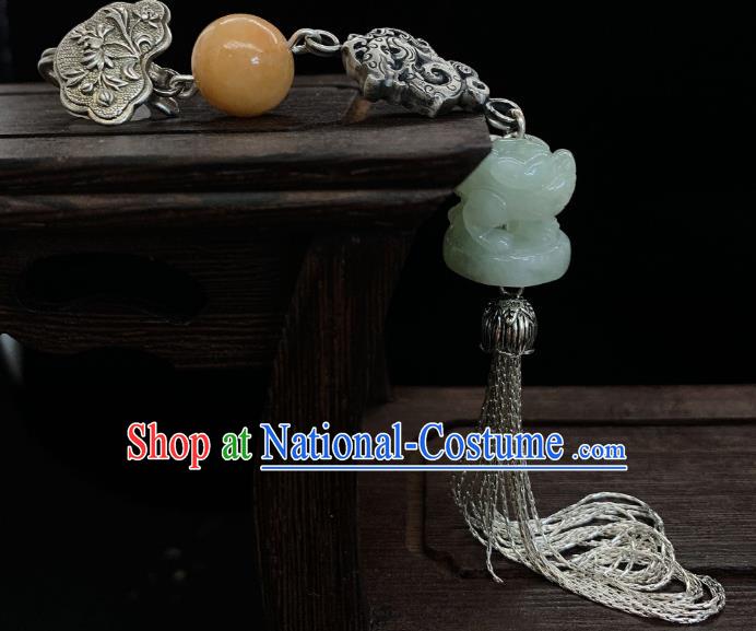 Handmade Chinese Silver Dragon Brooch Accessories National Jade Tassel Pendant