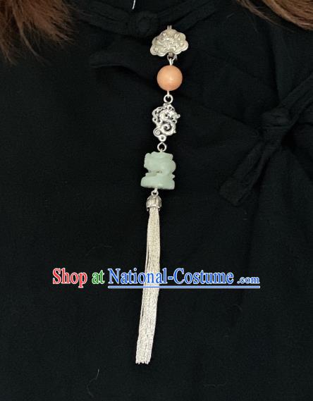 Handmade Chinese Silver Dragon Brooch Accessories National Jade Tassel Pendant