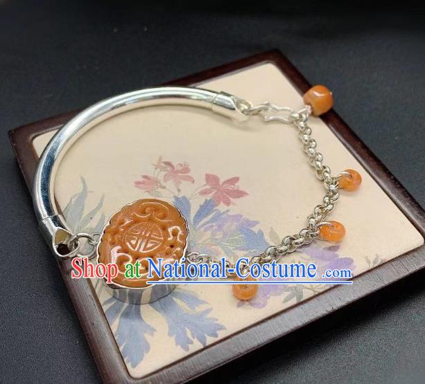 Handmade Chinese Wedding Silver Wristlet Accessories National Agate Carving Bracelet