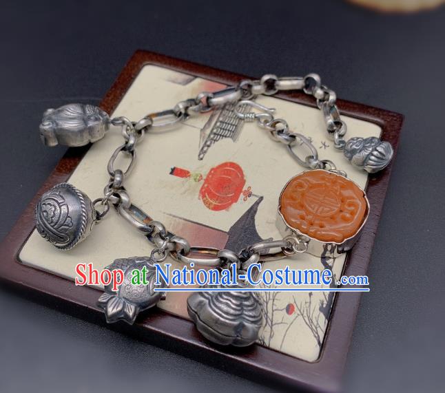 Handmade Chinese National Agate Carving Bracelet Wedding Silver Wristlet Accessories