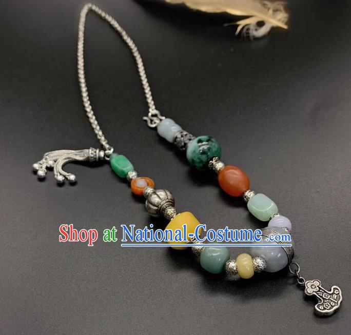 Handmade Chinese National Jadeite Necklace Wedding Silver Necklet Accessories