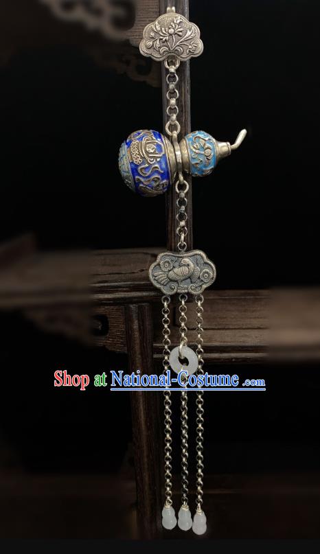 Handmade Chinese Blueing Silver Gourd Accessories National Jade Tassel Brooch Pendant