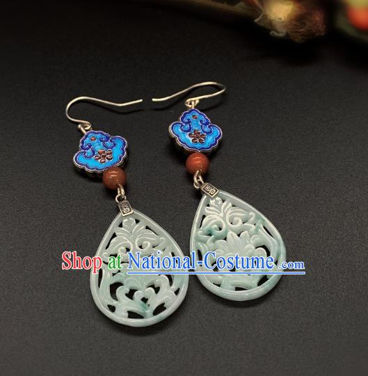 China Traditional Blueing Ear Accessories National Cheongsam Jade Carving Lotus Earrings Jewelry