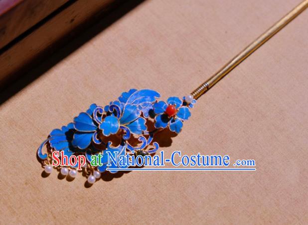 Chinese Ancient Qing Dynasty Empress Blueing Peony Hairpin Traditional Hair Jewelry Hair Stick