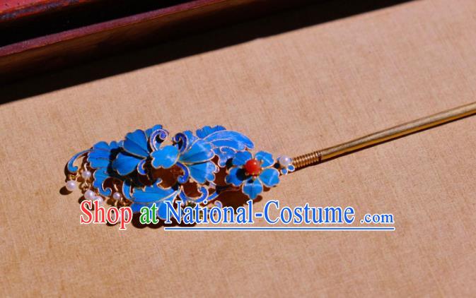 Chinese Ancient Qing Dynasty Empress Blueing Peony Hairpin Traditional Hair Jewelry Hair Stick