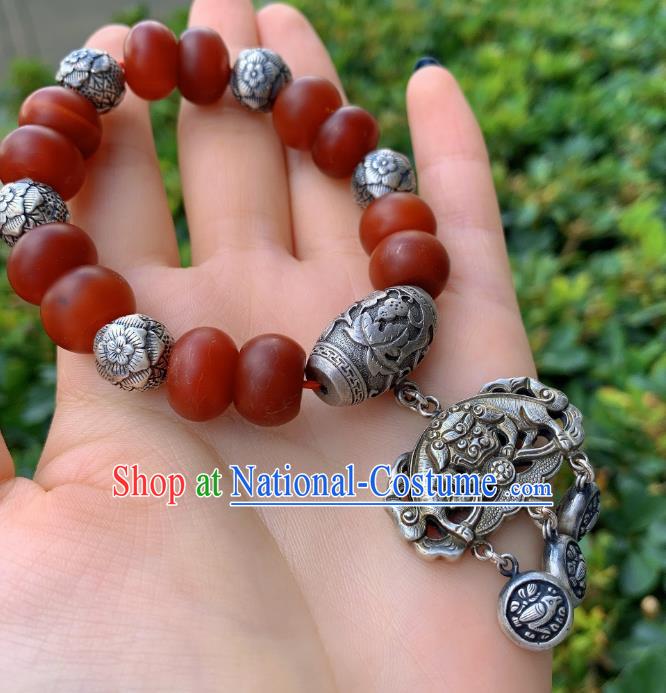 Handmade Chinese National Agate Beads Wristlet Accessories Wedding Silver Bucket Bracelet