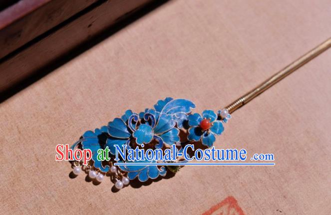 Chinese Ancient Qing Dynasty Empress Blueing Peony Hairpin Traditional Hair Jewelry Hair Stick