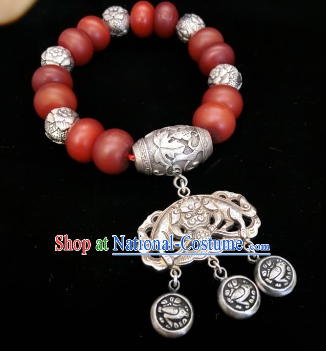 Handmade Chinese National Agate Beads Wristlet Accessories Wedding Silver Bucket Bracelet