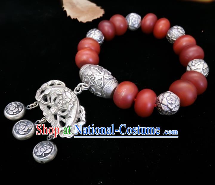 Handmade Chinese National Agate Beads Wristlet Accessories Wedding Silver Bucket Bracelet