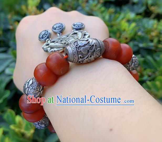 Handmade Chinese National Agate Beads Wristlet Accessories Wedding Silver Bucket Bracelet