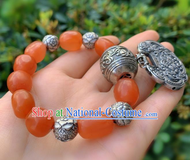 Handmade Chinese National Agate Beads Wristlet Accessories Wedding Silver Bucket Bracelet