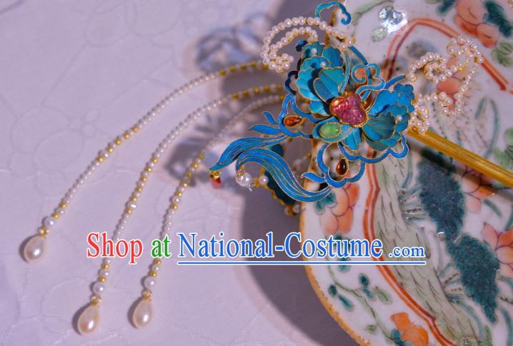 Chinese Traditional Hair Jewelry Pearls Tassel Hair Stick Ancient Qing Dynasty Empress Butterfly Hairpin