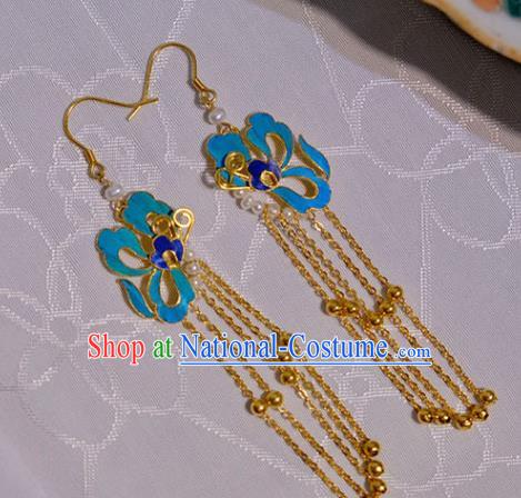 Chinese Traditional Blueing Butterfly Earrings Culture Jewelry Cheongsam Golden Tassel Ear Accessories