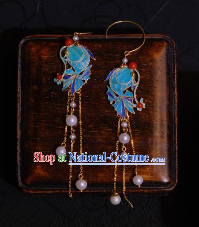 Chinese Cheongsam Pearls Tassel Ear Accessories Traditional Culture Jewelry Blueing Fish Earrings