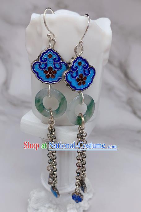 China Traditional Blueing Silver Ear Accessories National Cheongsam Jade Peace Buckle Earrings Jewelry