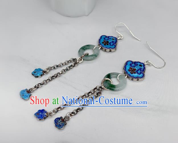 China Traditional Blueing Silver Ear Accessories National Cheongsam Jade Peace Buckle Earrings Jewelry