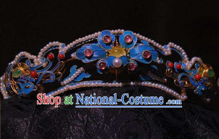 Chinese Ancient Ming Dynasty Empress Tourmaline Hair Crown Traditional Hair Jewelry Pearls Hairpin