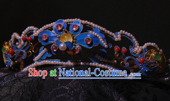 Chinese Ancient Ming Dynasty Empress Tourmaline Hair Crown Traditional Hair Jewelry Pearls Hairpin