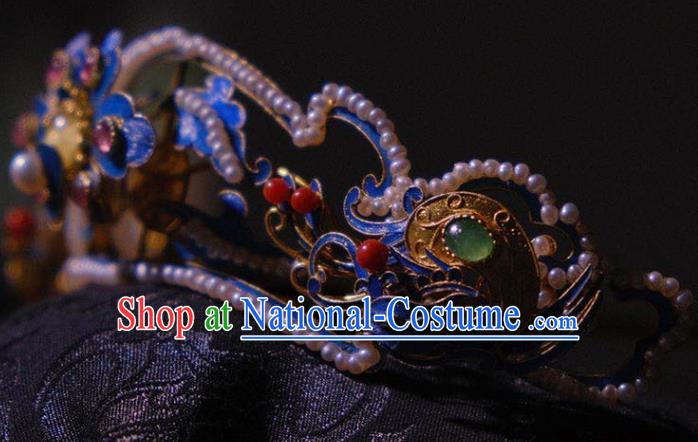 Chinese Ancient Ming Dynasty Empress Tourmaline Hair Crown Traditional Hair Jewelry Pearls Hairpin